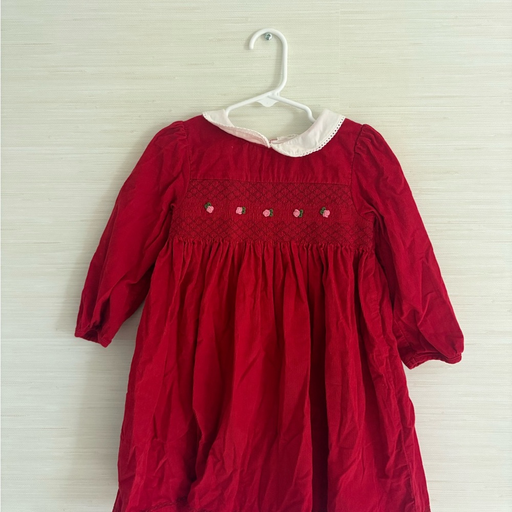 JoJo Maman Bebe Red Long-Sleeve Smocked Dress with White Peter Pan Collar